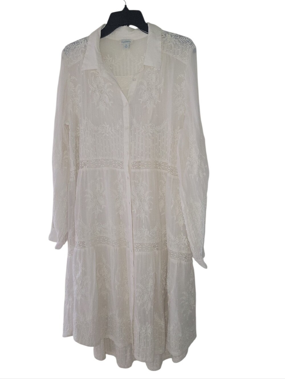 Sundance Off White Cotton Bohemian Cottagecore Embroidered Button-Front Dress M
